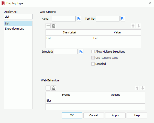 Display Type dialog - List