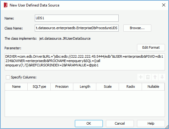 Add User Defined Data Source dialog