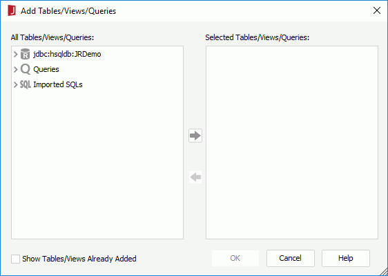 Add Tables/Views/Queries dialog