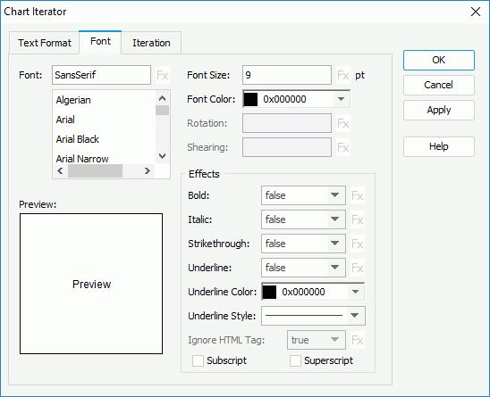Chart Iterator dialog - Font