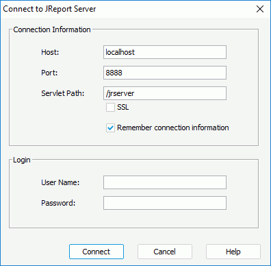 Connect to JReport Server dialog