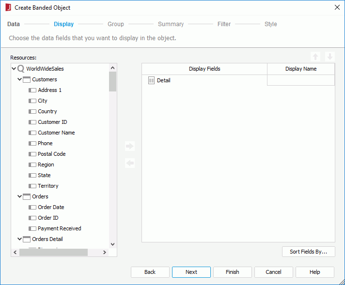 Create Banded Object wizard - Display