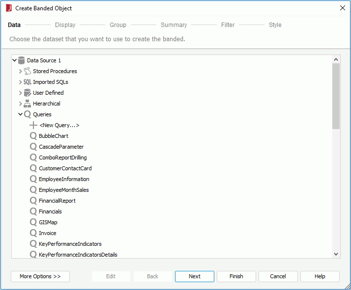 Create Banded Object wizard - Data