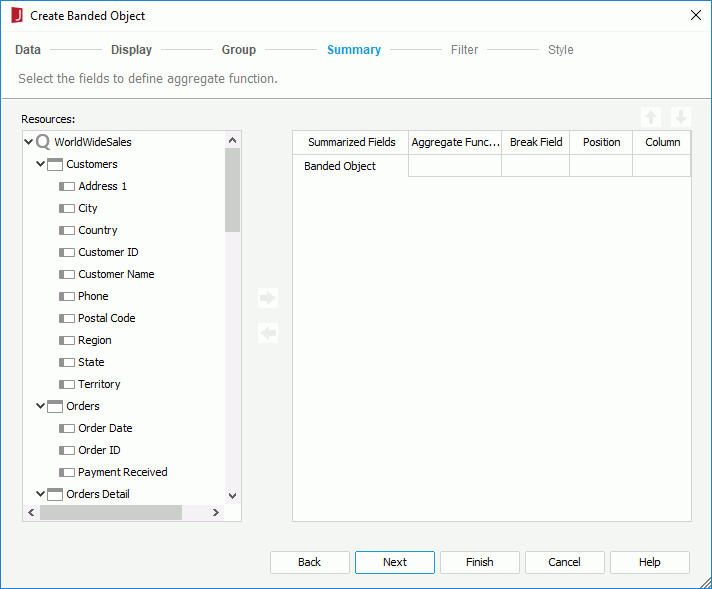 Create Banded Object wizard - Summary