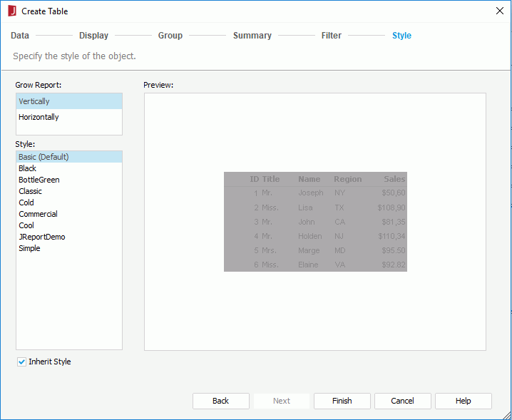 Create Table wizard - Style