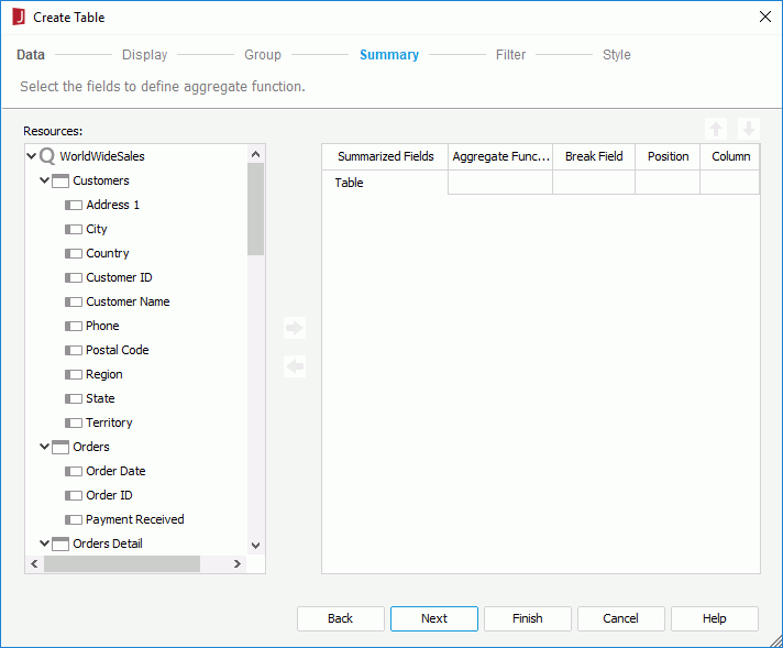 Create Table wizard - Summary