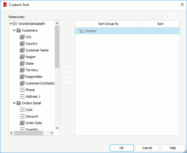 Custom Sort dialog