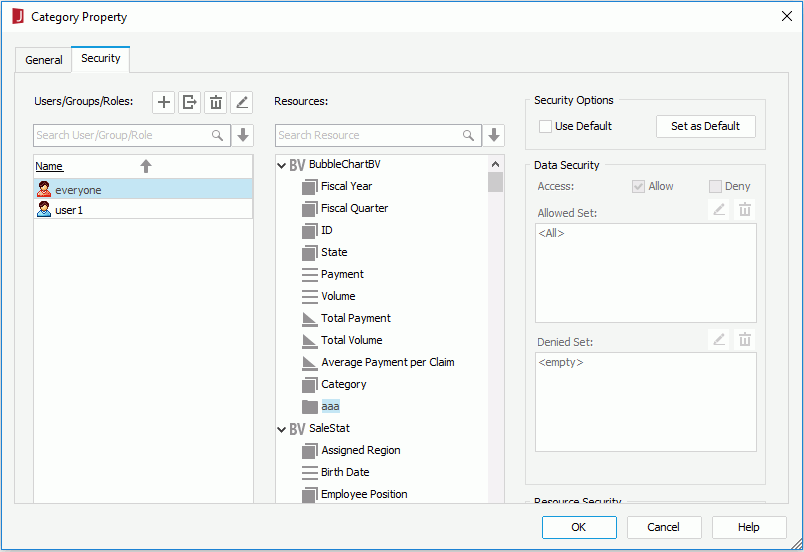 Category Property dialog - Security