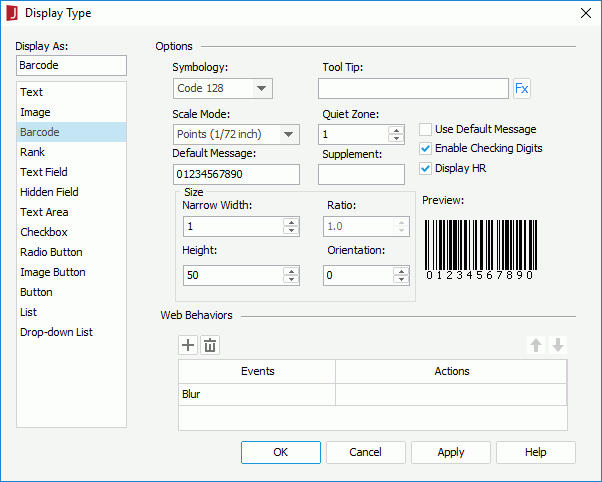 Display Type dialog - Barcode