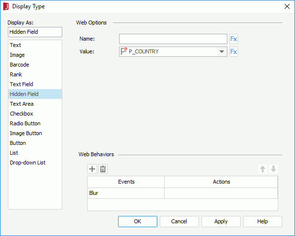 Display Type dialog - Hidden Field