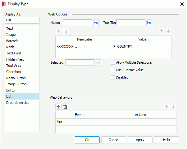 Display Type dialog - List