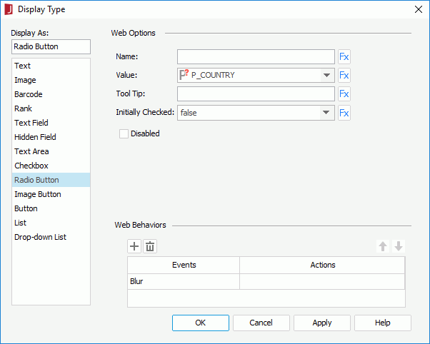 Display Type dialog - Radio Button