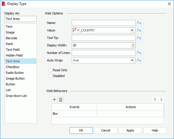 Display Type dialog - Text Area