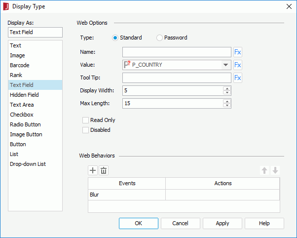 Display Type dialog - Text Field