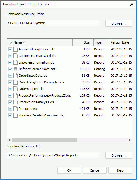 Download from JReport Server dialog