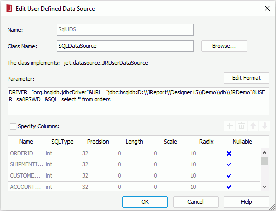Edit User Defined Data Source dialog