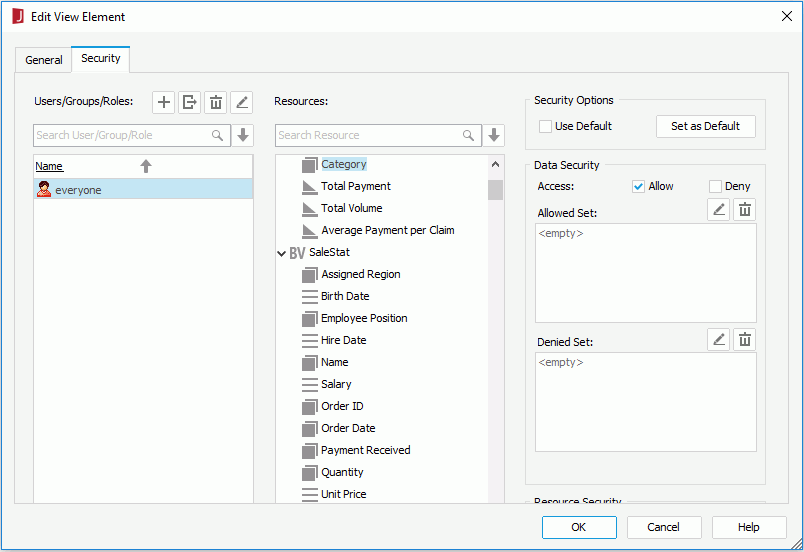 Edit View Element dialog - Security tab
