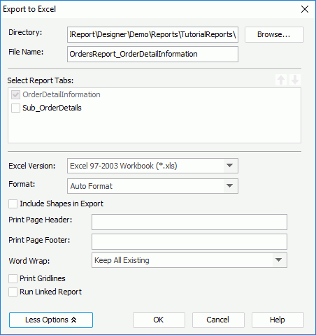 Export to Excel dialog