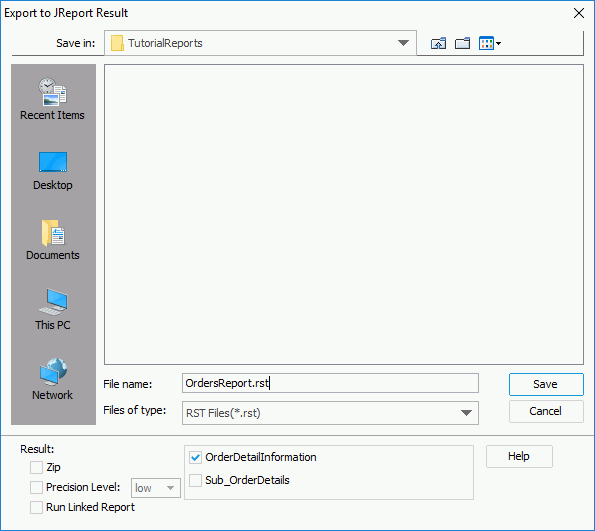 Export to JReport Result dialog