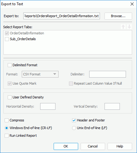 Export to Text dialog