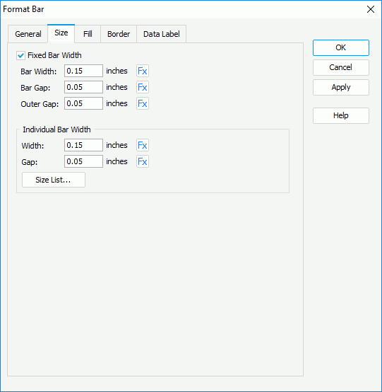 Format Bar dialog - Size tab for Fixed Bar Width