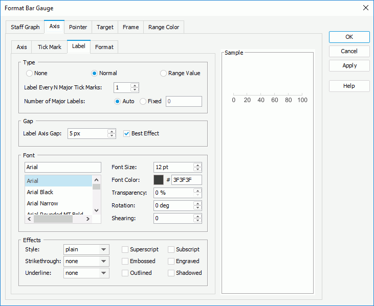 Format Bar Gauge dialog - Axis - Label
