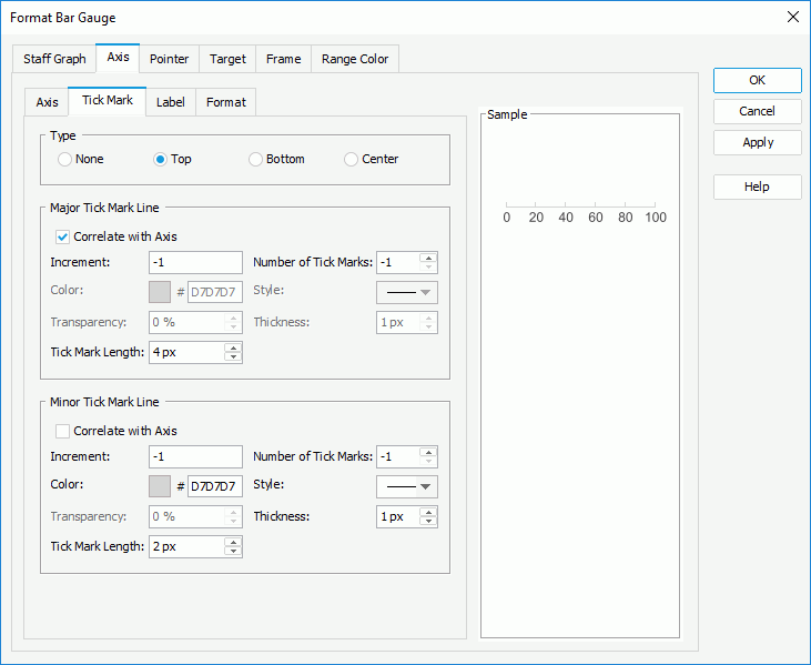 Format Bar Gauge dialog - Axis - Tick Mark