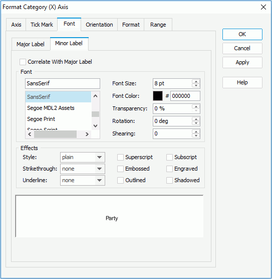 Format Category (X) Axis dialog - Font - Minor Label