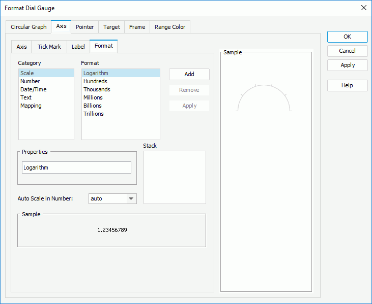 Format Dial Gauge dialog - Axis - Format
