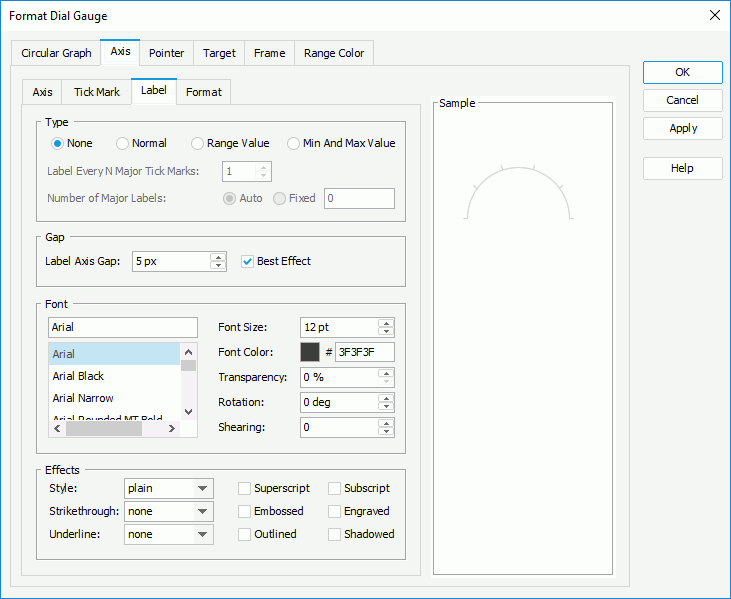 Format Dial Gauge dialog - Axis - Label