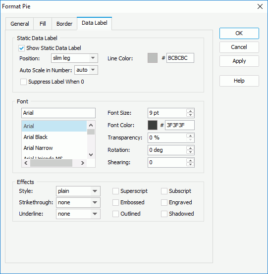 Format Pie dialog - Data Label tab