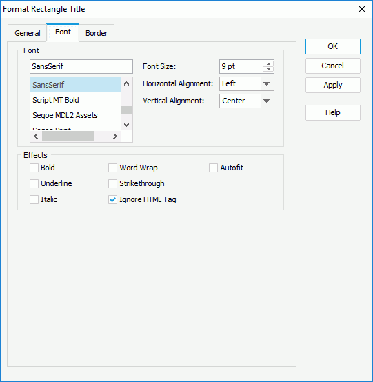 Format Rectangle Title dialog - Font