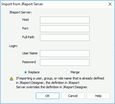 Import from JReport Server dialog