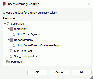 Insert Summary Column dialog
