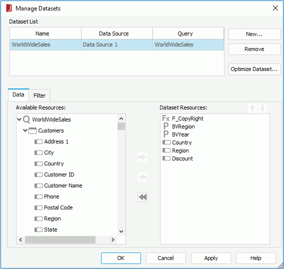 Manage Datasets dialog