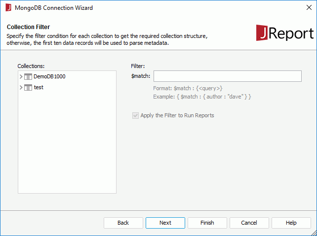 MongoDB Connection Wizard - Collection Filter