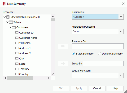 New Summary dialog