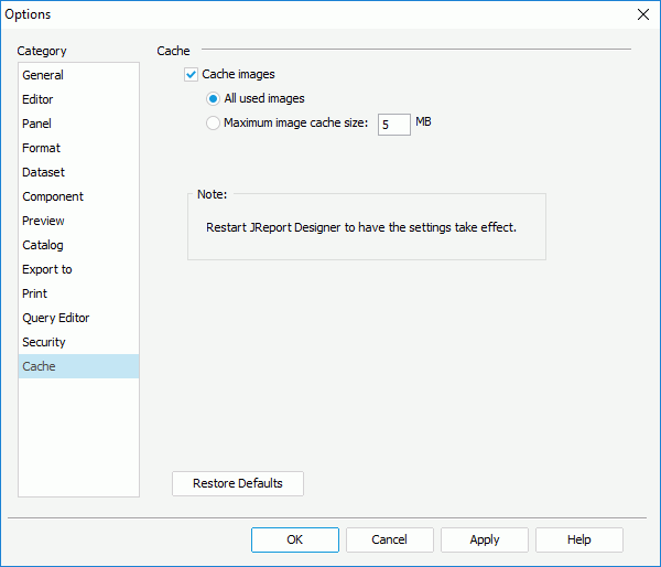 Options dialog - Cache category