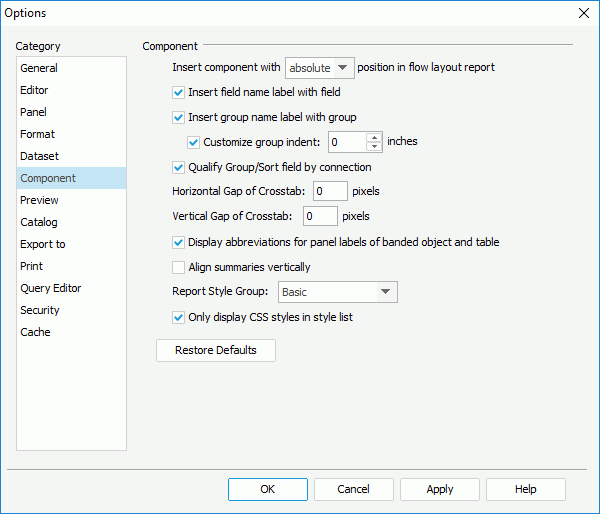 Options dialog - Component category