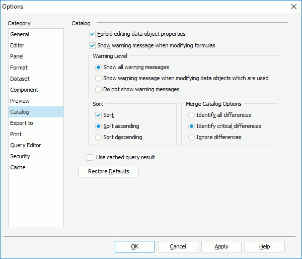 Options dialog - Catalog category