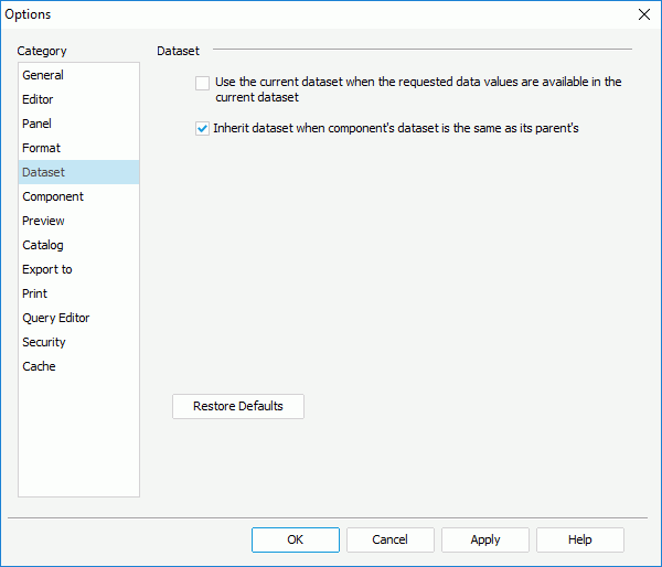 Options dialog - Dataset category