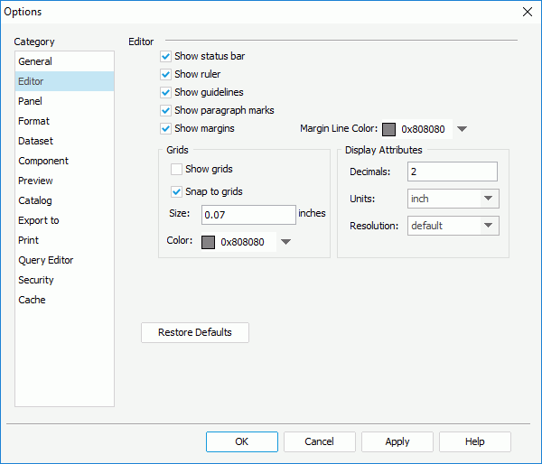 Options dialog - Editor category