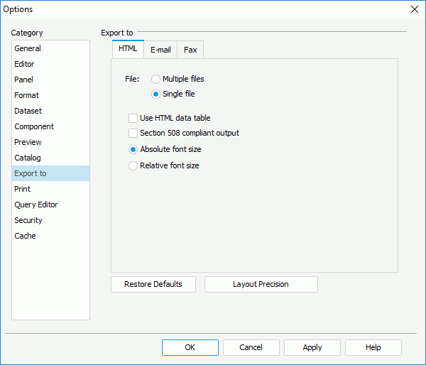 Options dialog - Export to category - HTML tab