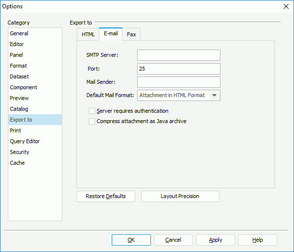Options dialog - Export to category - E-mail tab
