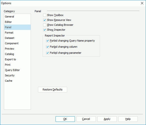 Options dialog - Panel category