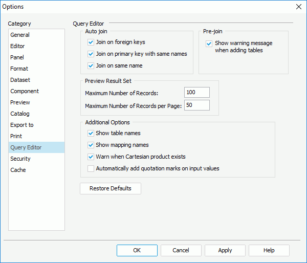 Options dialog - Query Editor category