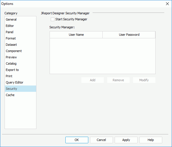 Options dialog - Security category