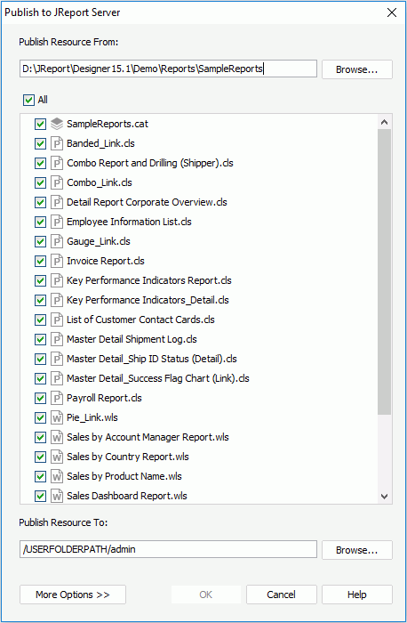 Publish to JReport Server dialog