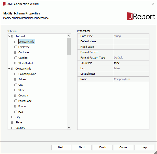 XML Connection Wizard - Modify Schema Properties