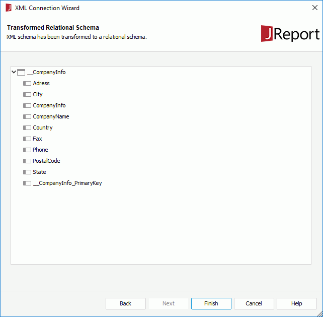 XML Connection Wizard - Transformed Relational Schema